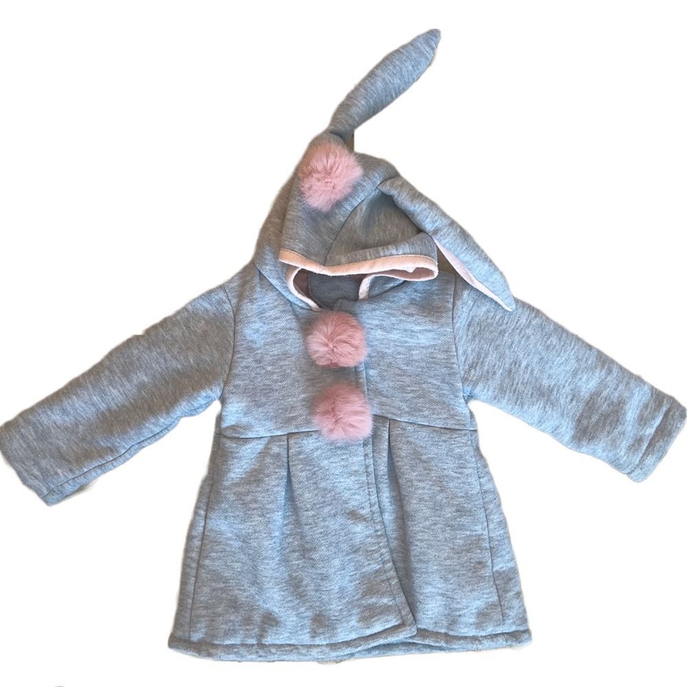 Bunny Baby Girl Jacket with Pink Puff Ball Accents and Ears, 18-24 months